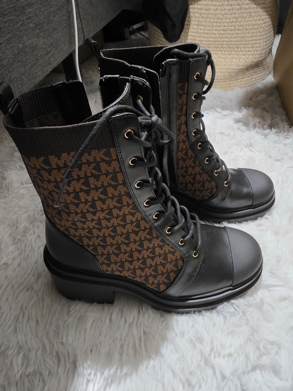 Michael Kors Brown/Black MK Monogram Lace-Up Combat Boots